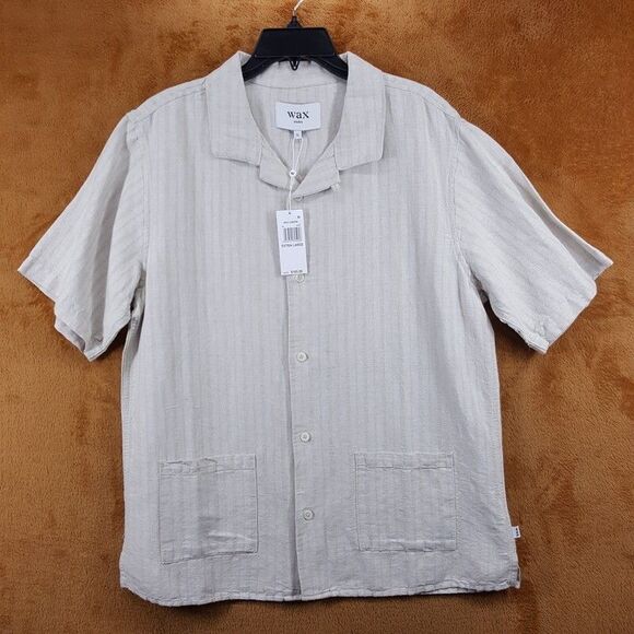 WAX LONDON Shirt Mens XL Tan Button Up Solid Stripe Linen Blend REN $165 - Picture 2 of 10